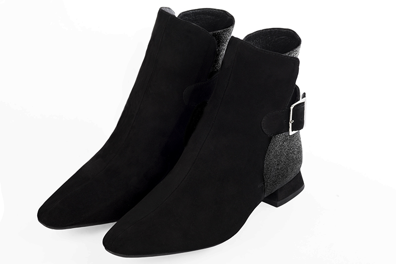 Matt black and dark silver women's elegant sneakers. Square toe. Flat flare heels. Front view - Florence KOOIJMAN